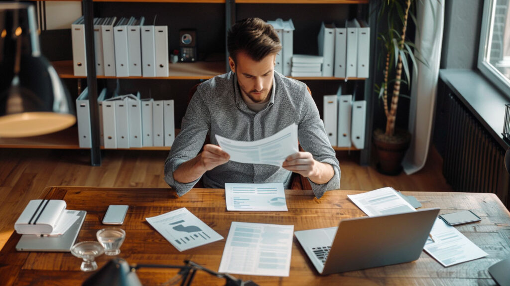 Sujet : faire un bon CV. Image d'un homme assis à son bureau en train e tenir une feuille en main et il la lit. Sur son bureau il y a des feuilles et un ordinateur portable.