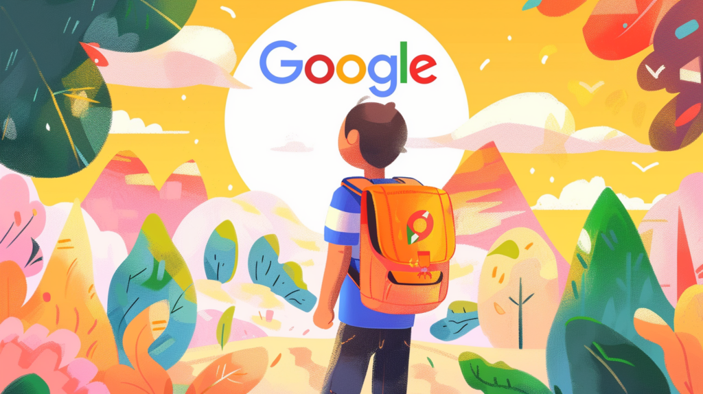 Sujet : qu'est-ce que Google Discover. Il s'agit d'une illustration d'un personnage qui voyage avec un sac à dos. Le paysage devant lui contient des montagnes et un coucher de Soleil dans lequel il est écrit "Google".