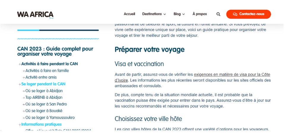 Exemple de cocon sémantique : Guide pour partir en Côte d'Ivoire en 2024