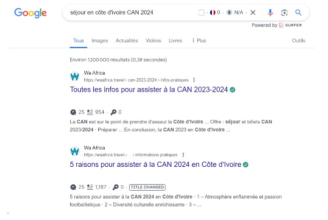 résultats Google pour la recherche Côte d'Ivoire 2024, deux cocons sémantiques en première place